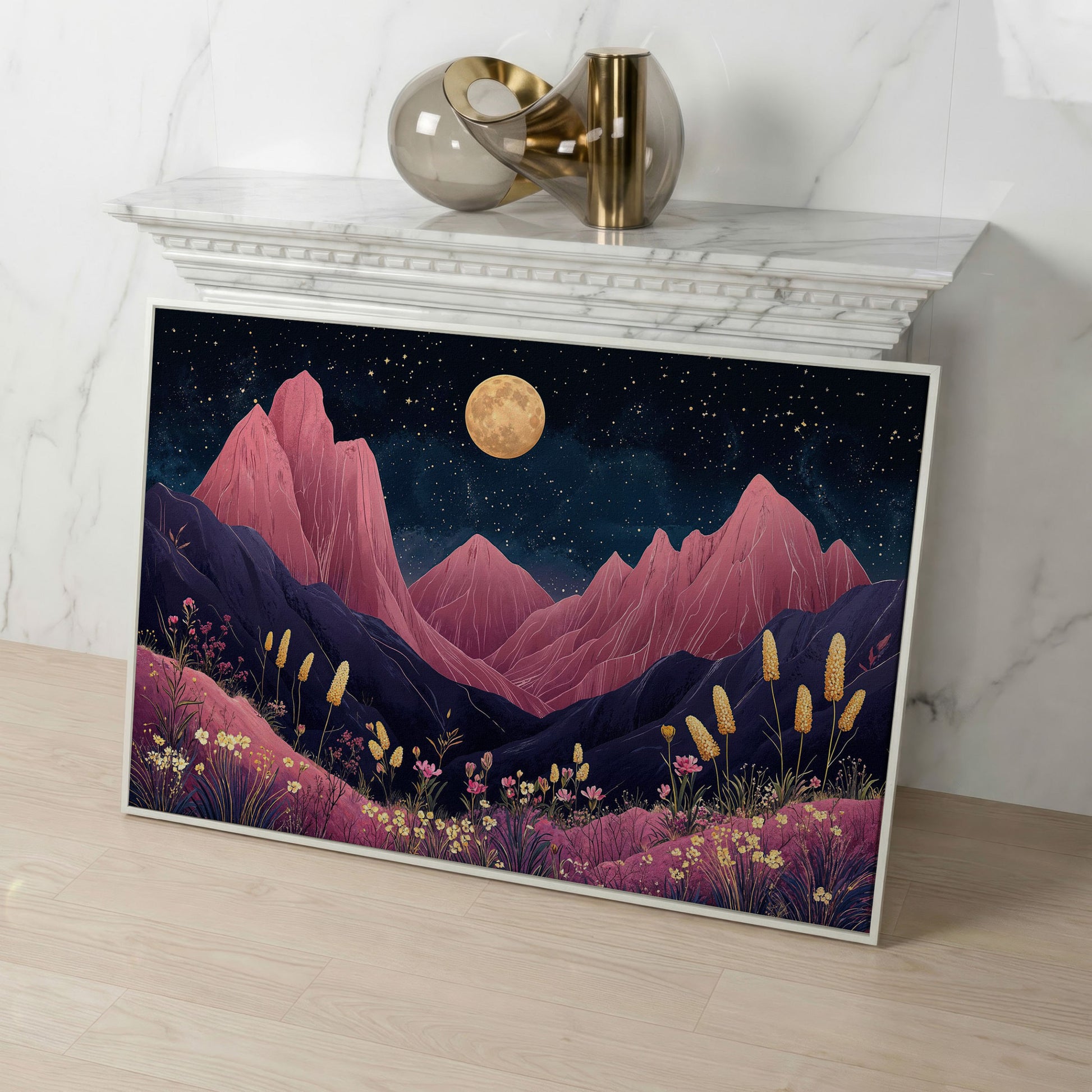 Pink Mountain Moonlight Canvas in white floating frame