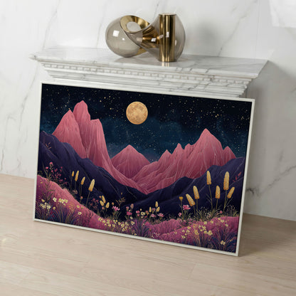 Pink Mountain Moonlight Canvas in white floating frame