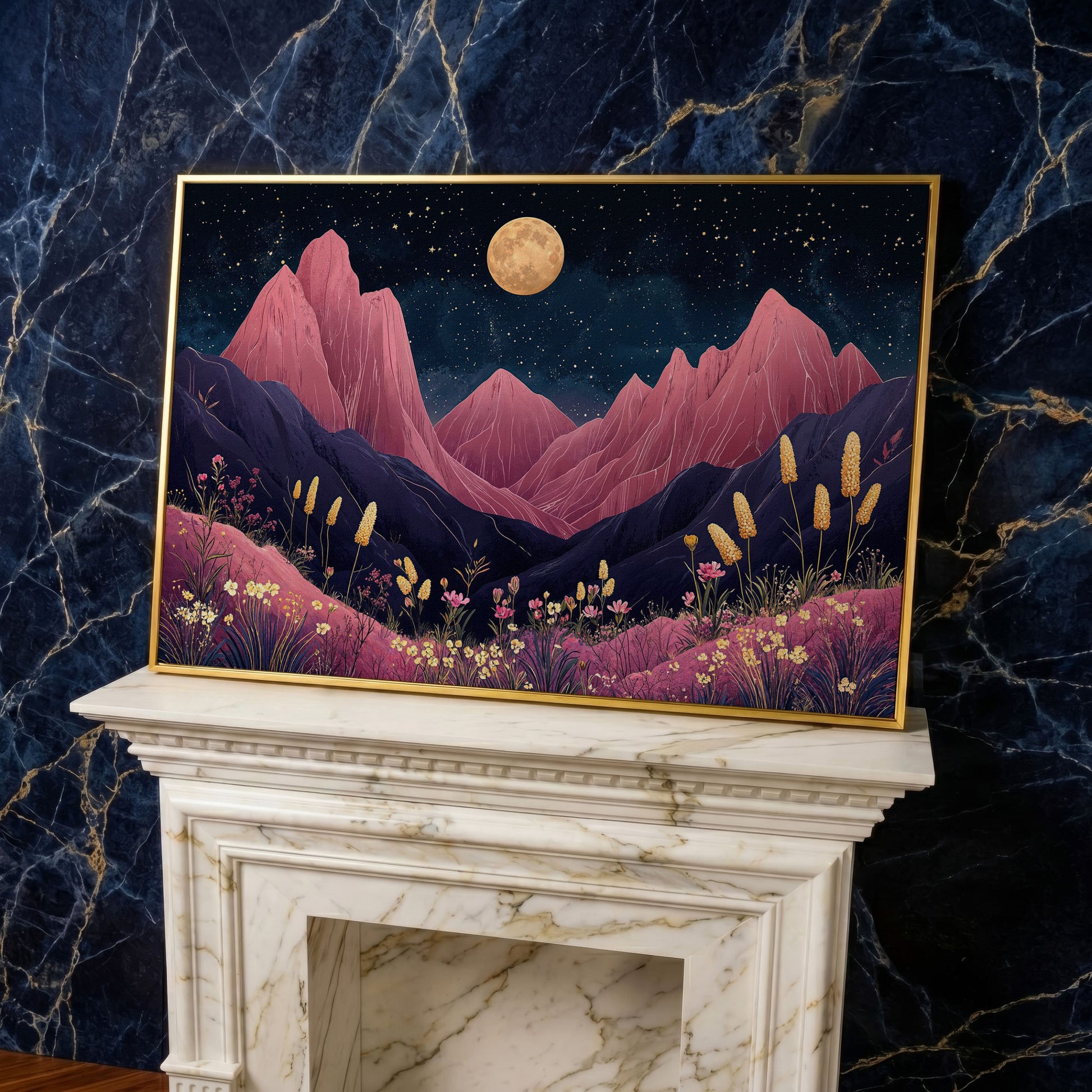 Pink Mountain Moonlight Canvas in yellow gold floating frame