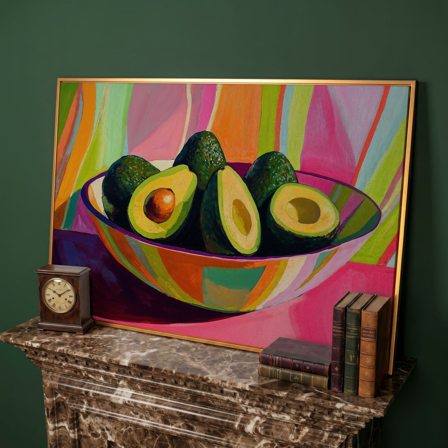 Avocado Still Life Canvas with Striped Bowl in antique gold floating frame