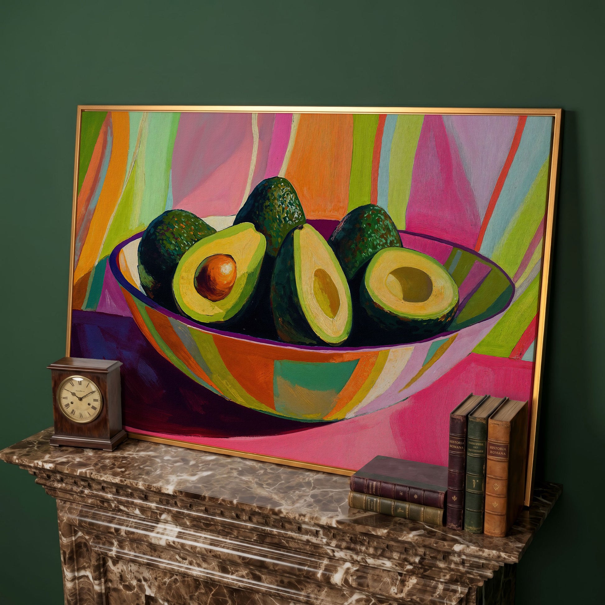 Avocado Still Life Canvas with Striped Bowl in antique gold floating frame