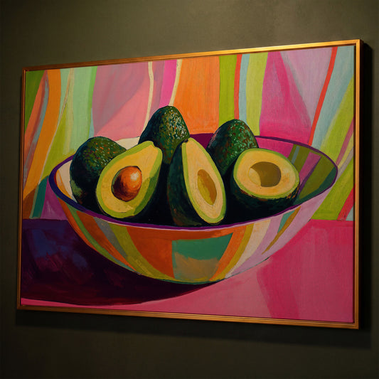 Avocado Still Life Canvas with Striped Bowl shown in antique gold floating frame