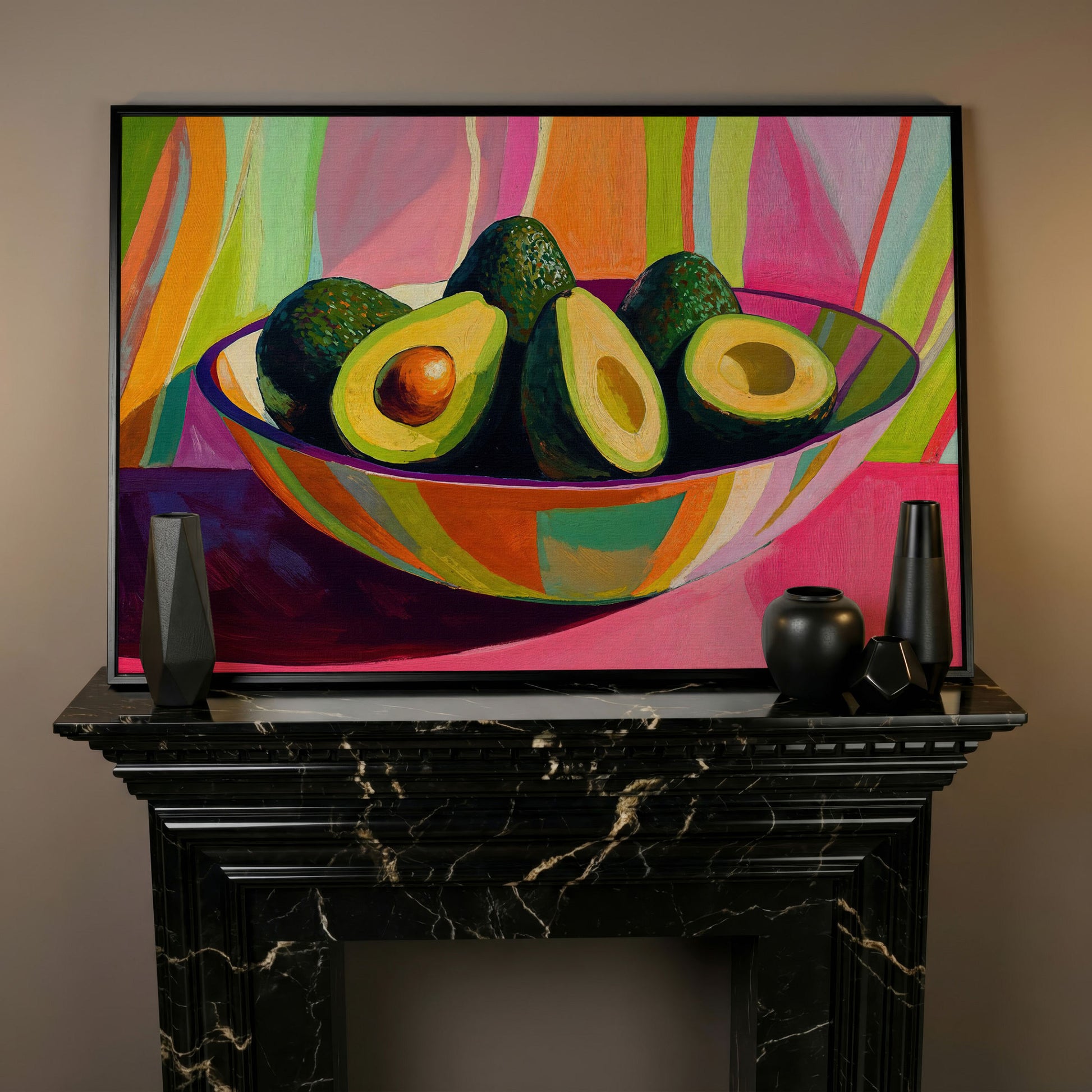 Avocado Still Life Canvas with Striped Bowl in black floating frame