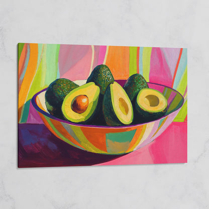 Avocado Still Life Canvas with Striped Bowl on gallery wrap