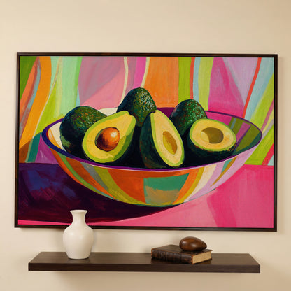 Avocado Still Life Canvas with Striped Bowl in dark walnut floating frame