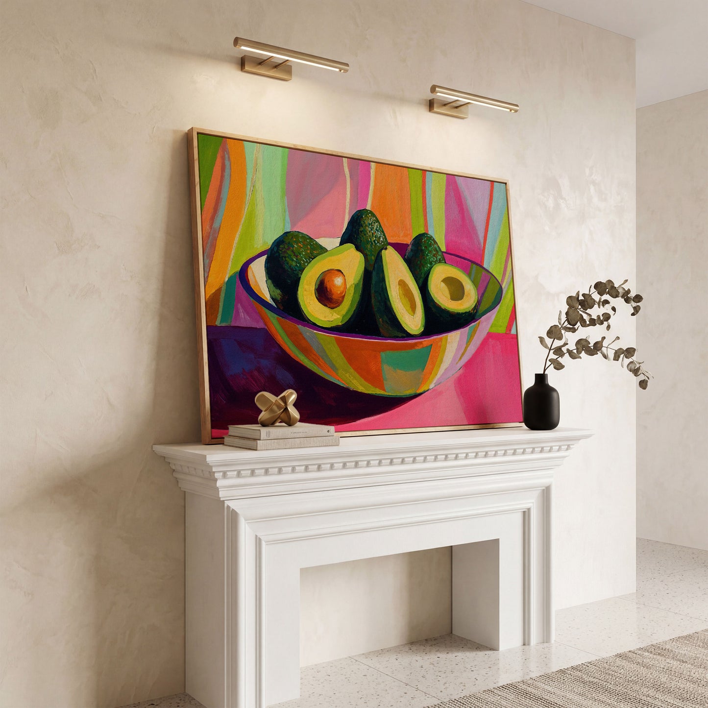 Avocado Still Life Canvas with Striped Bowl in white oak floating frame