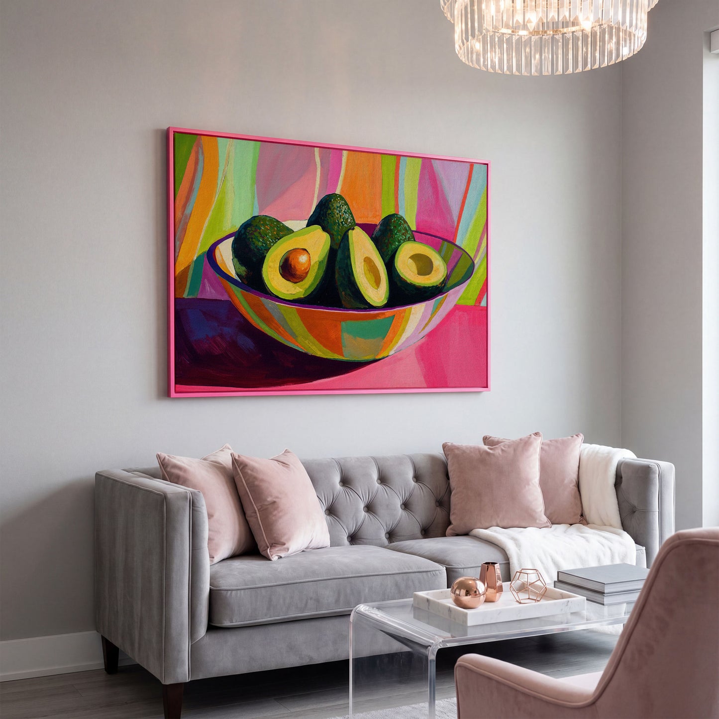 Avocado Still Life Canvas with Striped Bowl in pink floating frame