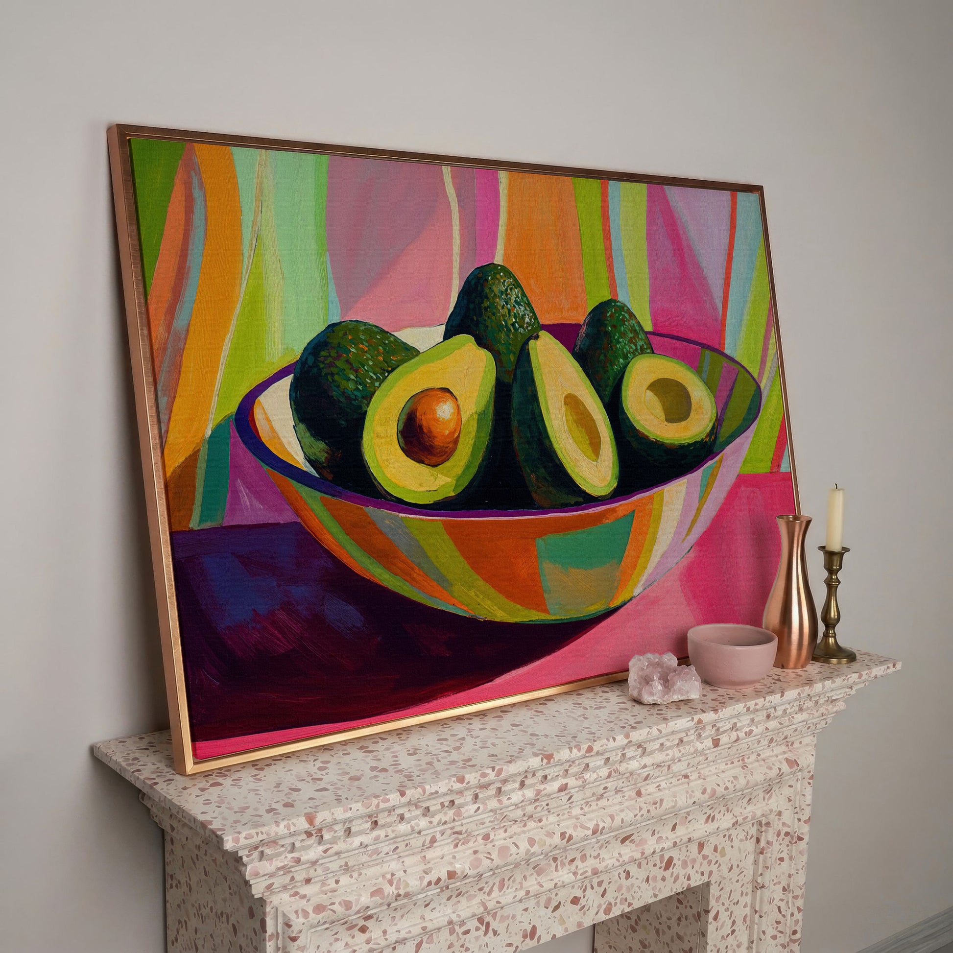 Avocado Still Life Canvas with Striped Bowl in rose gold floating frame
