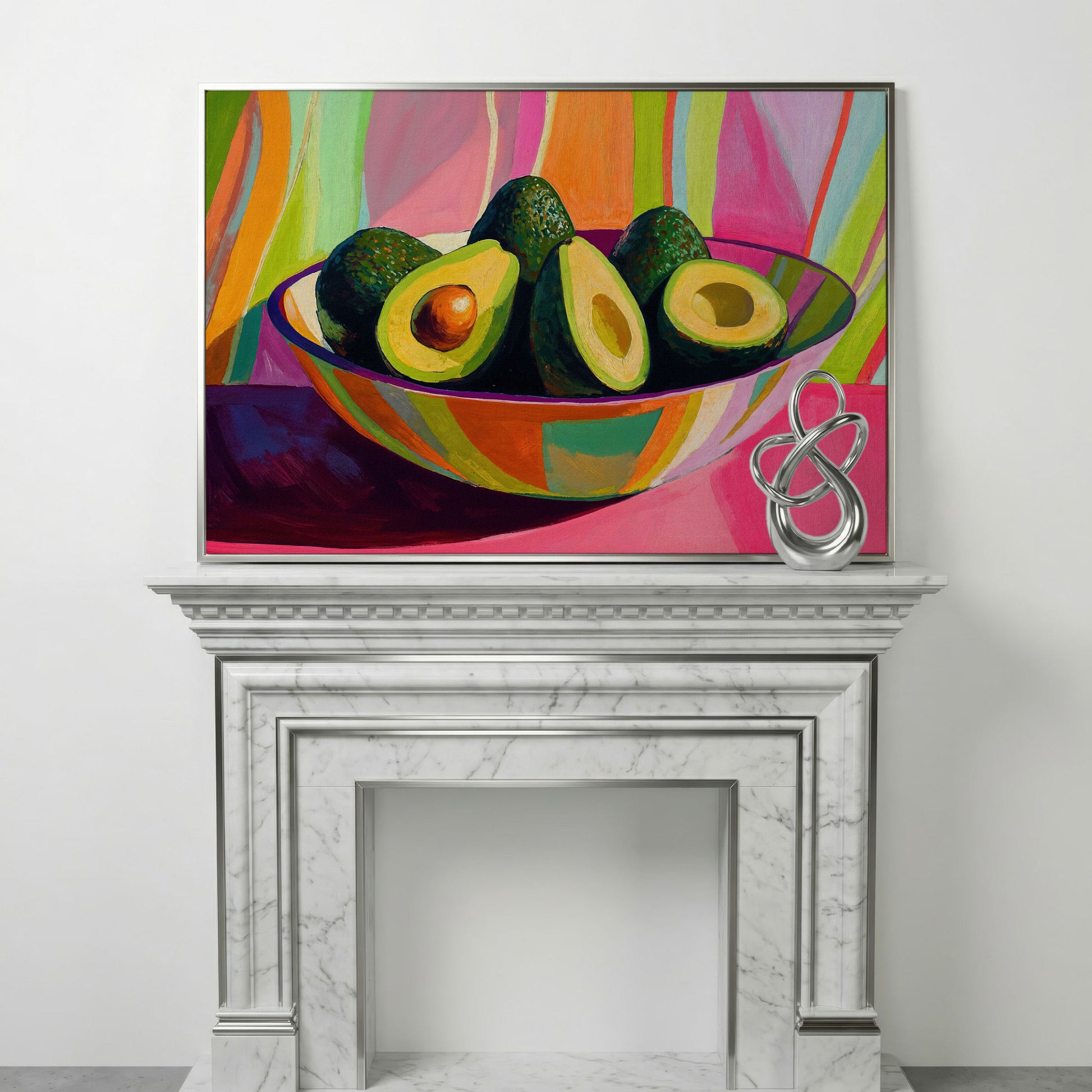 Avocado Still Life Canvas with Striped Bowl in silver floating frame