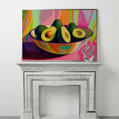 Avocado Still Life Canvas with Striped Bowl in silver floating frame