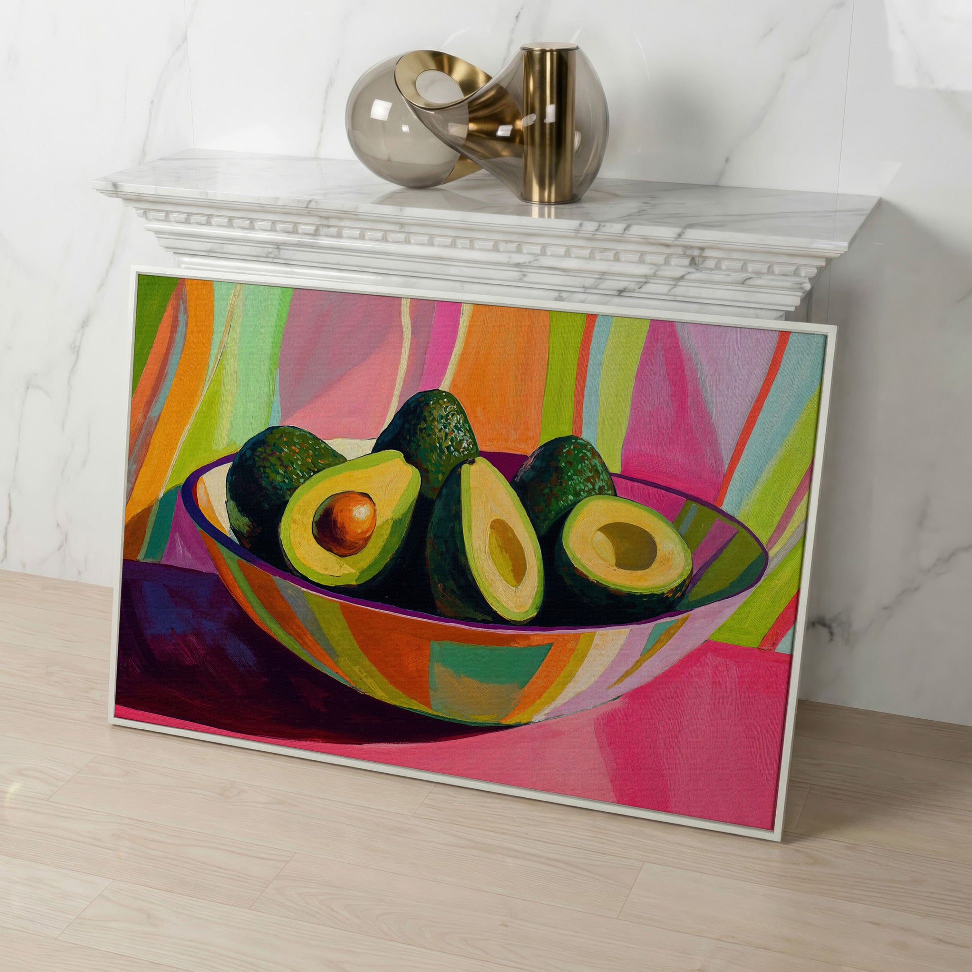 Avocado Still Life Canvas with Striped Bowl in white floating frame
