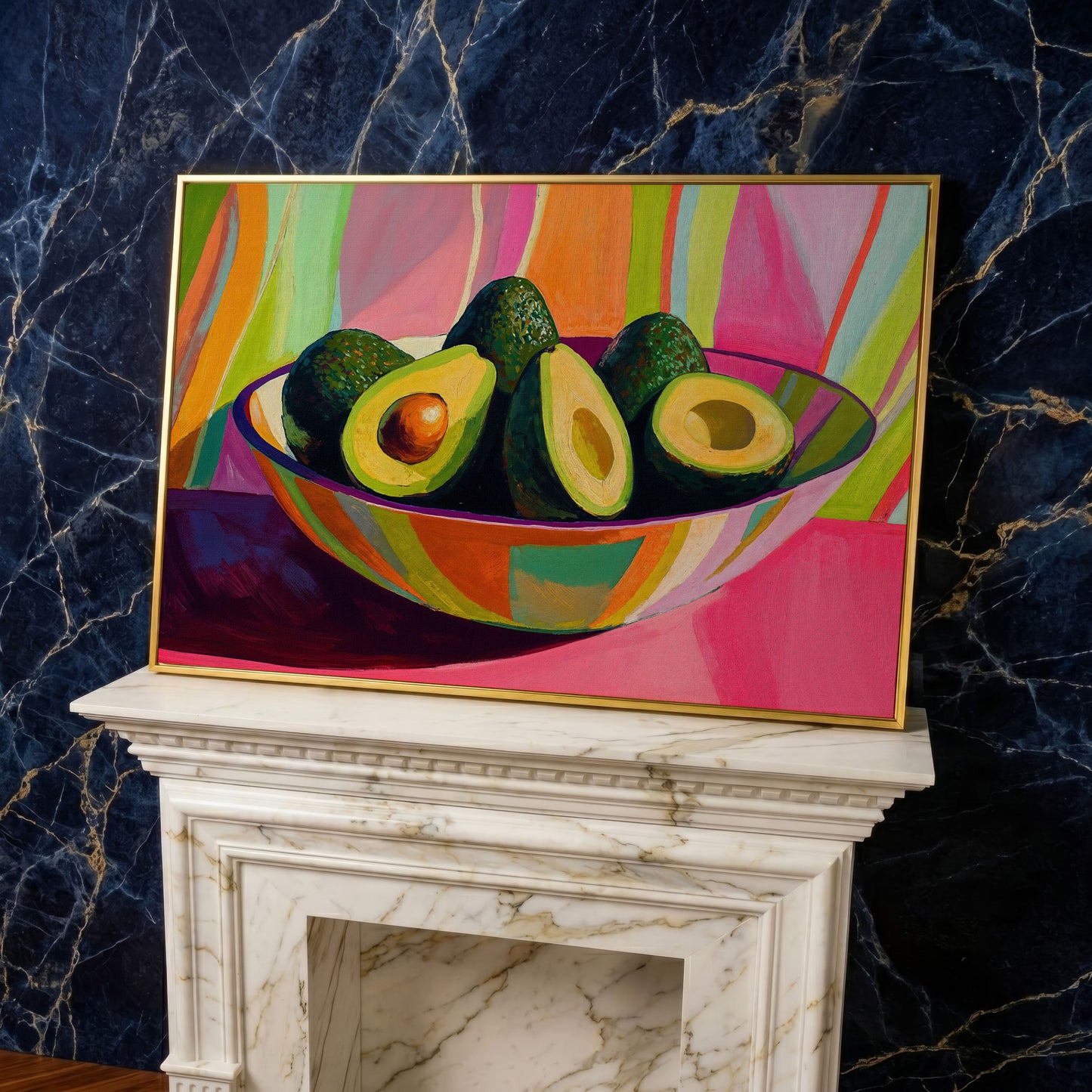 Avocado Still Life Canvas with Striped Bowl in yellow gold floating frame