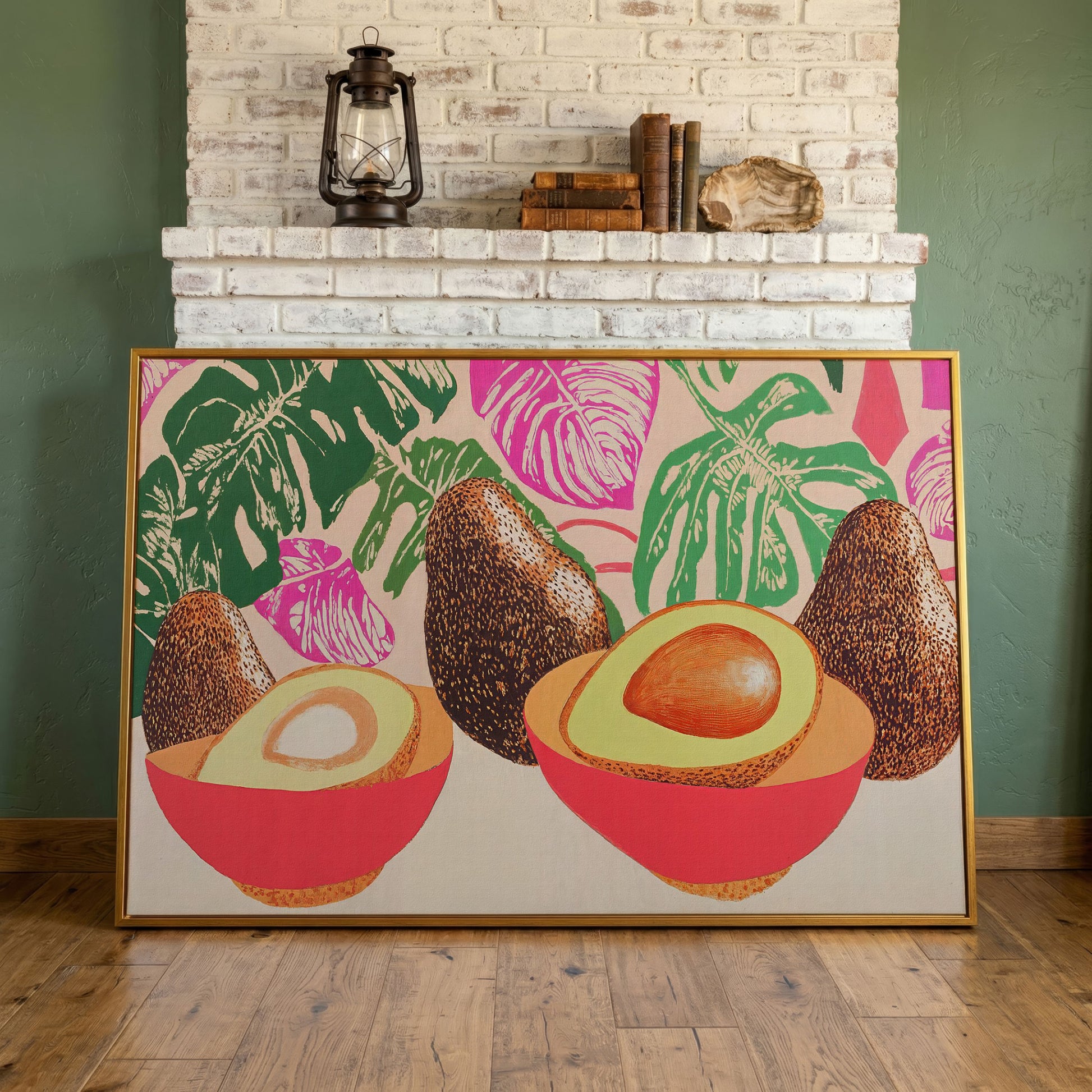 Tropical Avocado & Monstera Boho Canvas in antique gold floating frame