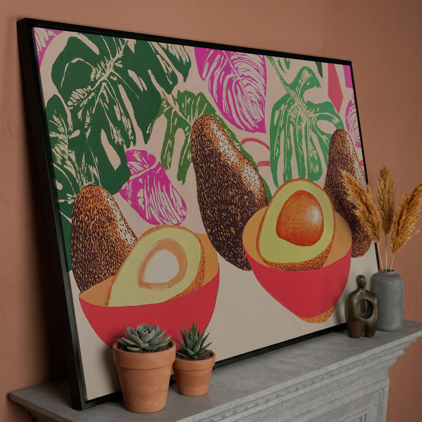 Tropical Avocado & Monstera Boho Canvas in black floating frame