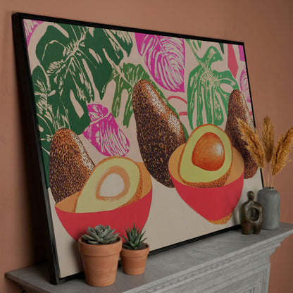 Tropical Avocado & Monstera Boho Canvas in black floating frame