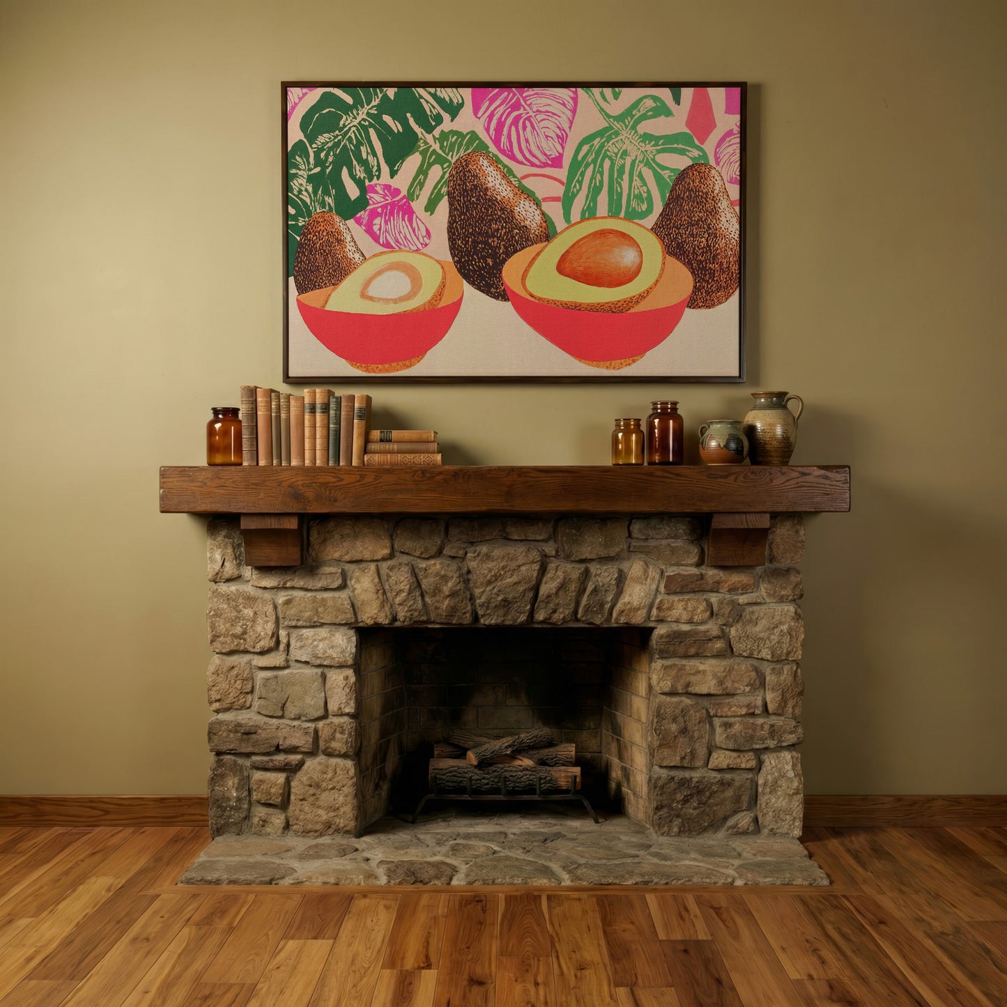 Tropical Avocado & Monstera Boho Canvas in dark walnut floating frame