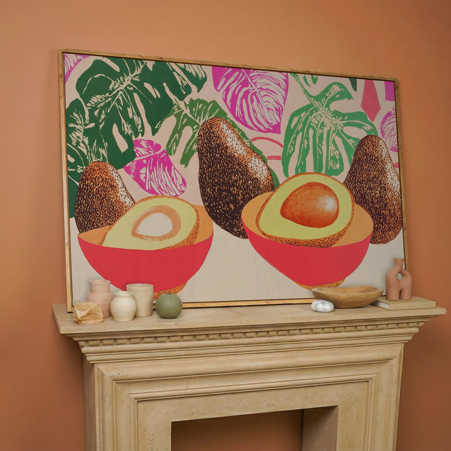 Tropical Avocado & Monstera Boho Canvas in white oak floating frame