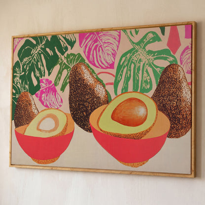 Tropical Avocado & Monstera Boho Canvas shown in white oak floating frame