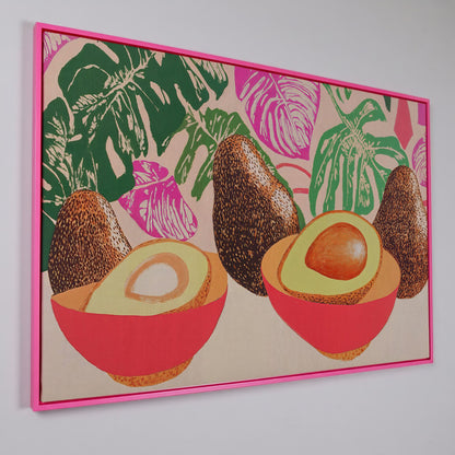 Tropical Avocado & Monstera Boho Canvas in pink floating frame