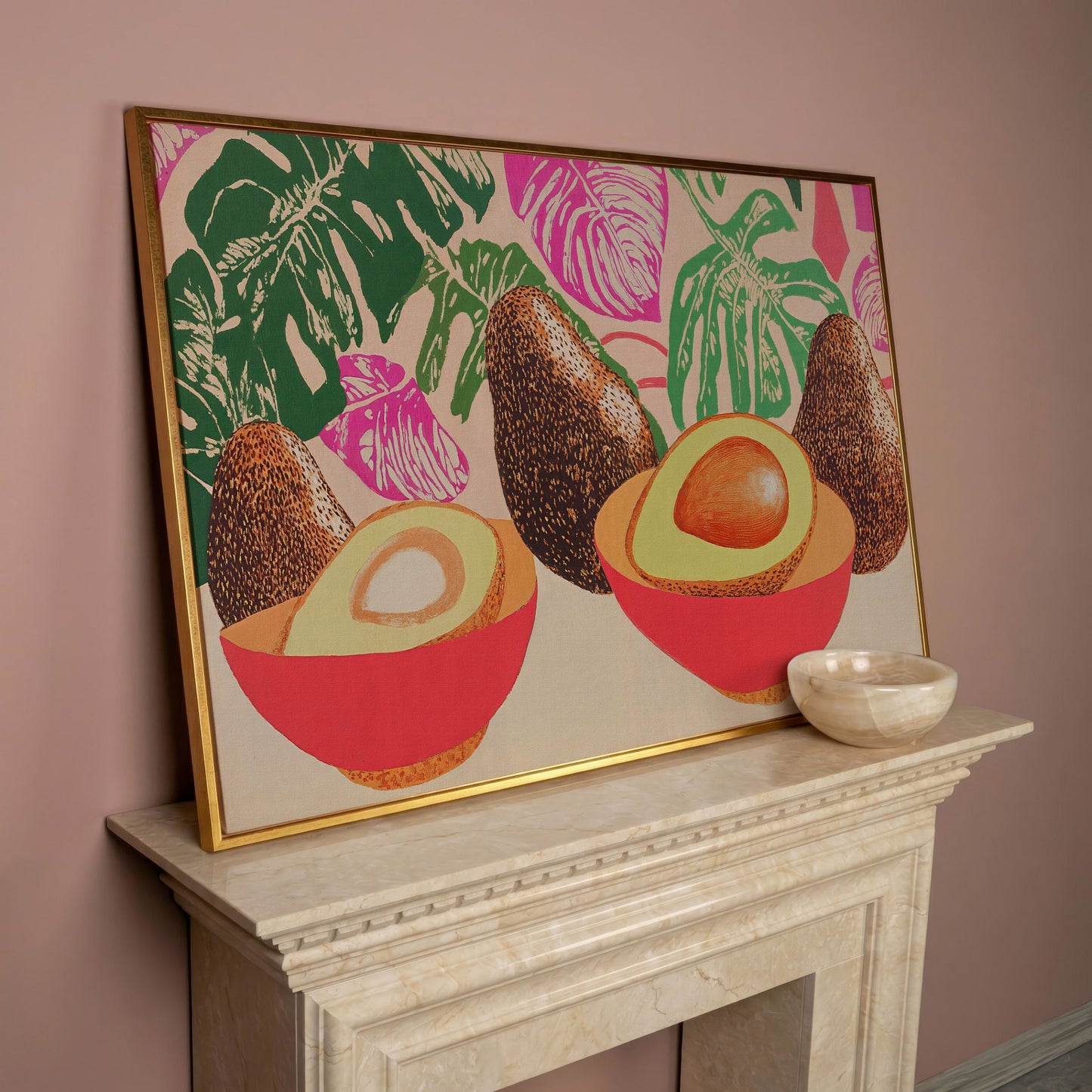 Tropical Avocado & Monstera Boho Canvas in rose gold floating frame