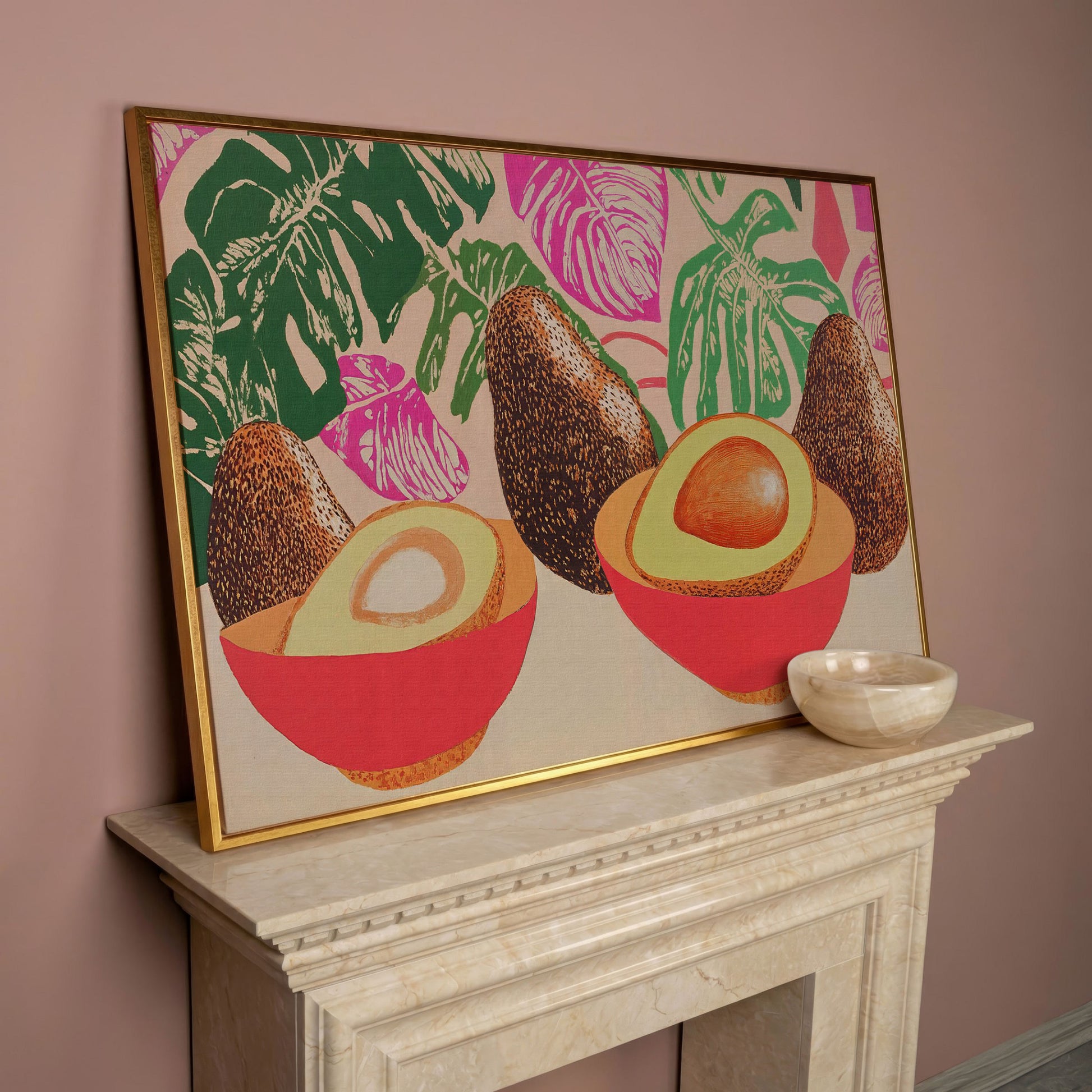 Tropical Avocado & Monstera Boho Canvas in rose gold floating frame