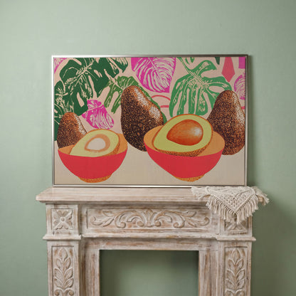 Tropical Avocado & Monstera Boho Canvas in silver floating frame