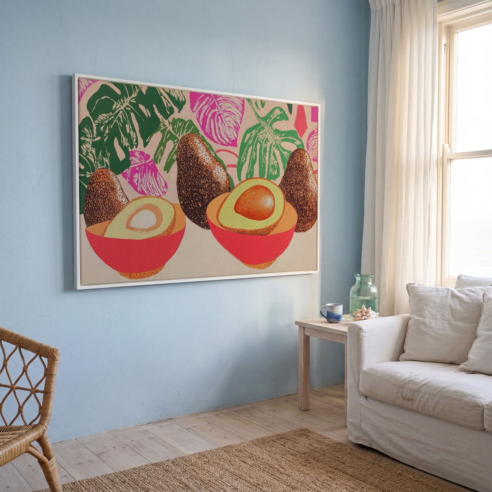 Tropical Avocado & Monstera Boho Canvas in white floating frame