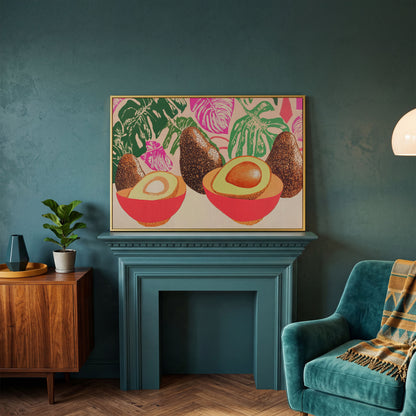 Tropical Avocado & Monstera Boho Canvas in yellow gold floating frame