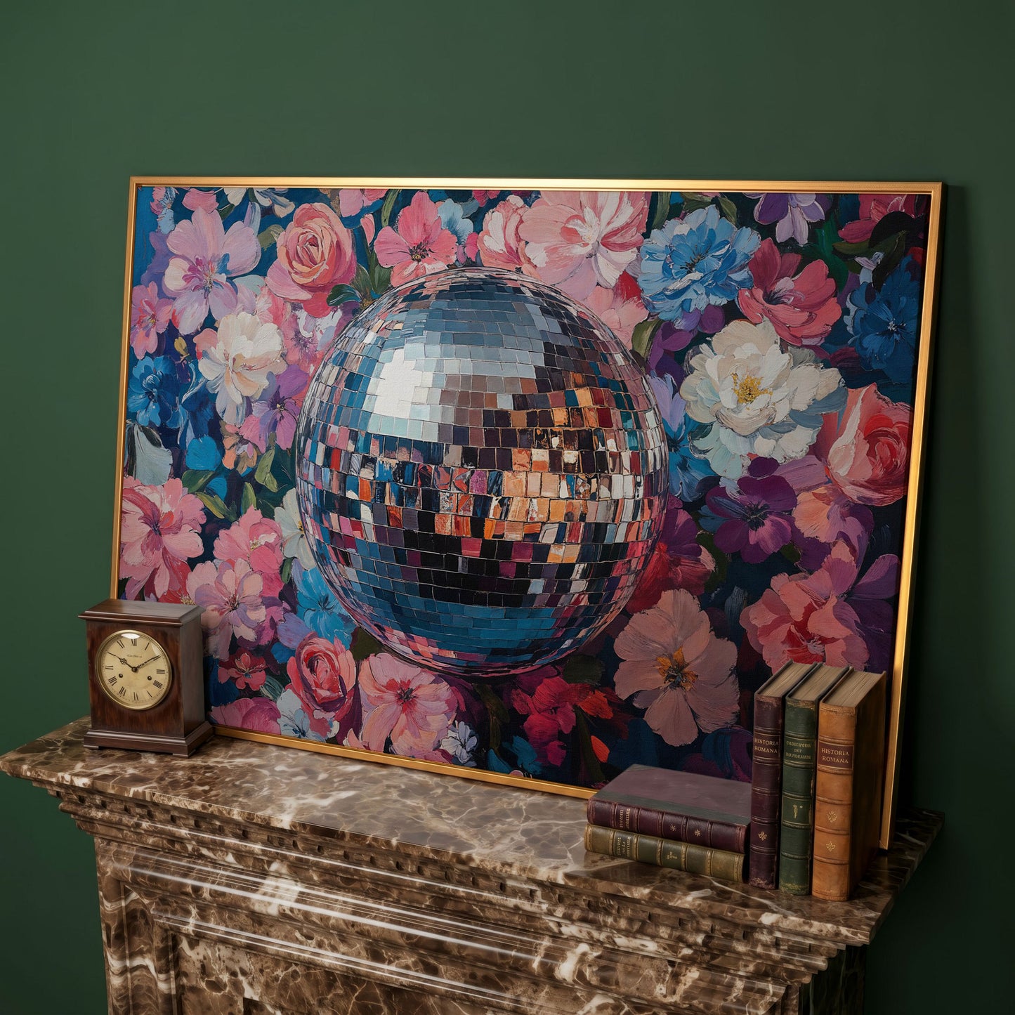 Floral Disco Ball Canvas Print in Pink and Azure in antique gold floating frame