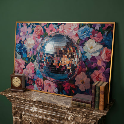 Floral Disco Ball Canvas Print in Pink and Azure in antique gold floating frame