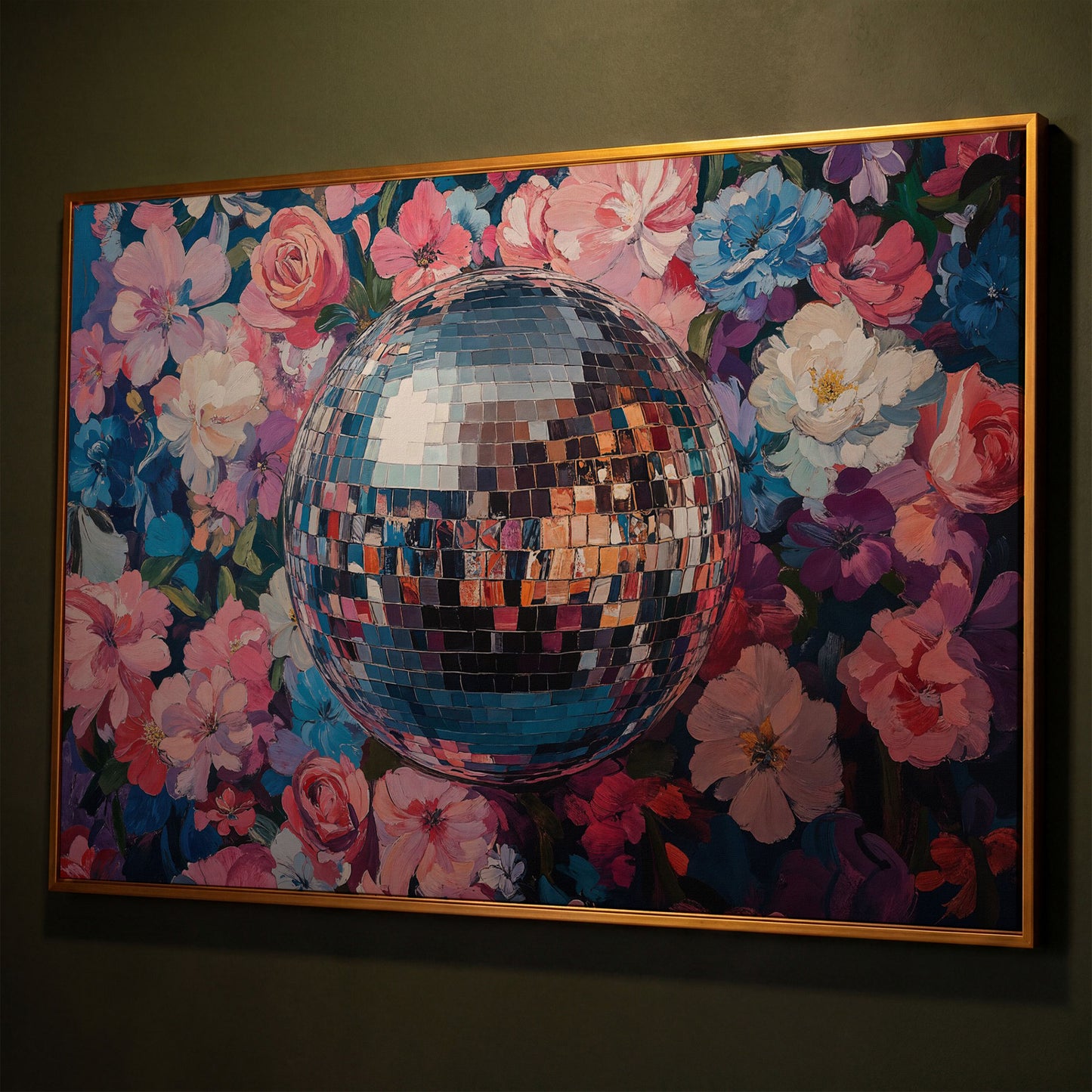 Floral Disco Ball Canvas Print in Pink and Azure shown in antique gold floating frame