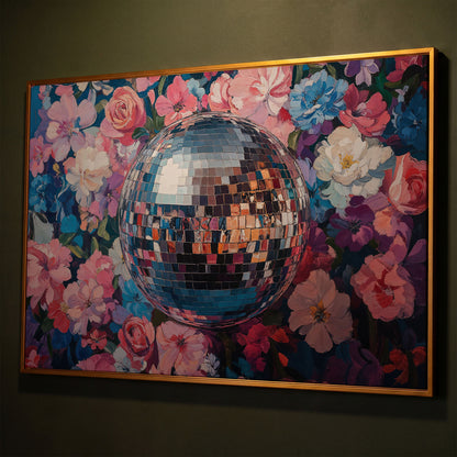 Floral Disco Ball Canvas Print in Pink and Azure shown in antique gold floating frame