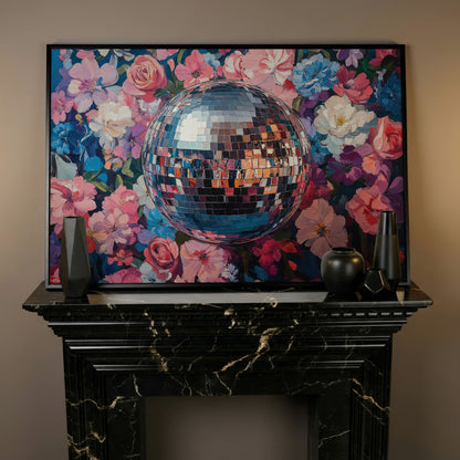 Floral Disco Ball Canvas Print in Pink and Azure in black floating frame