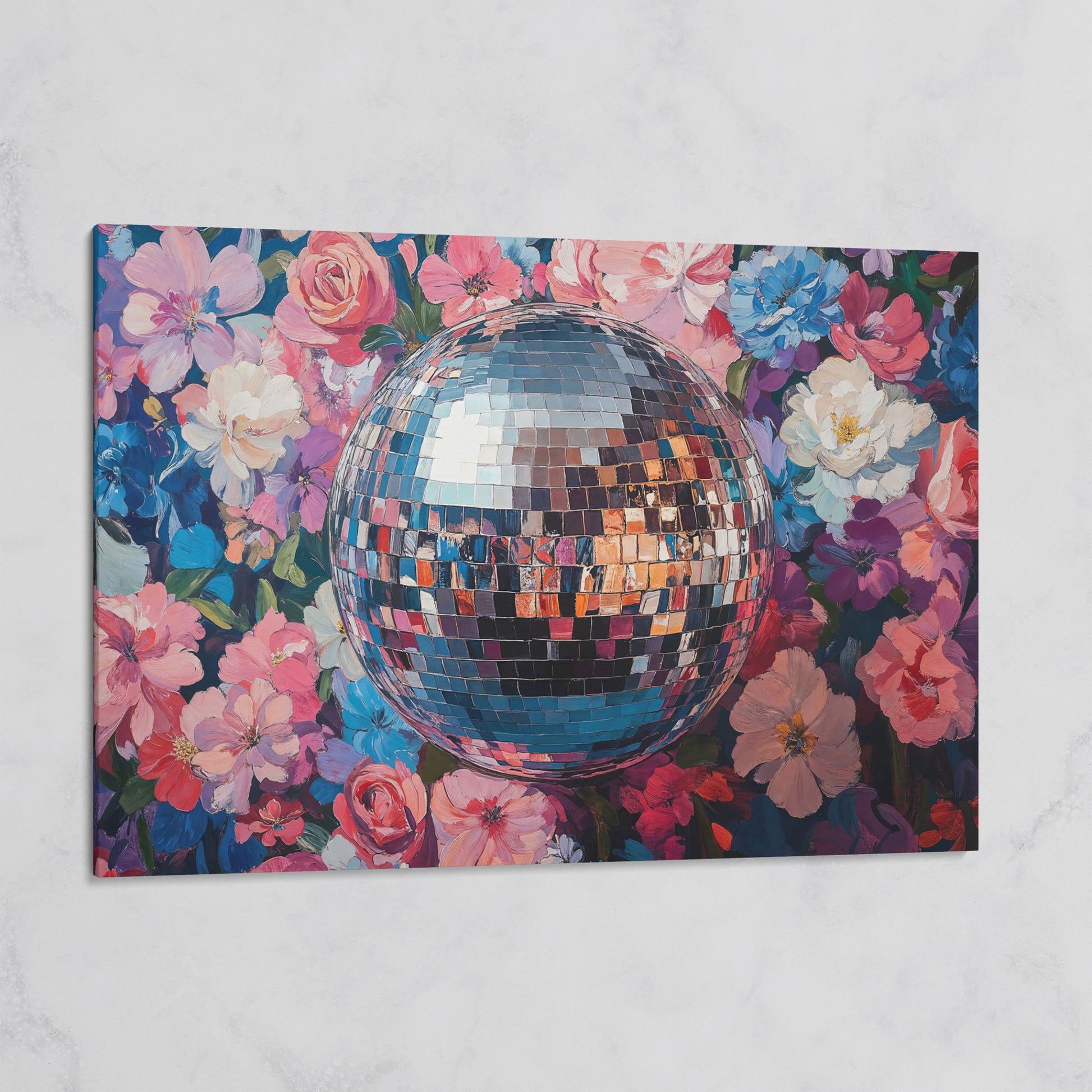 Floral Disco Ball Canvas Print in Pink and Azure on gallery wrap