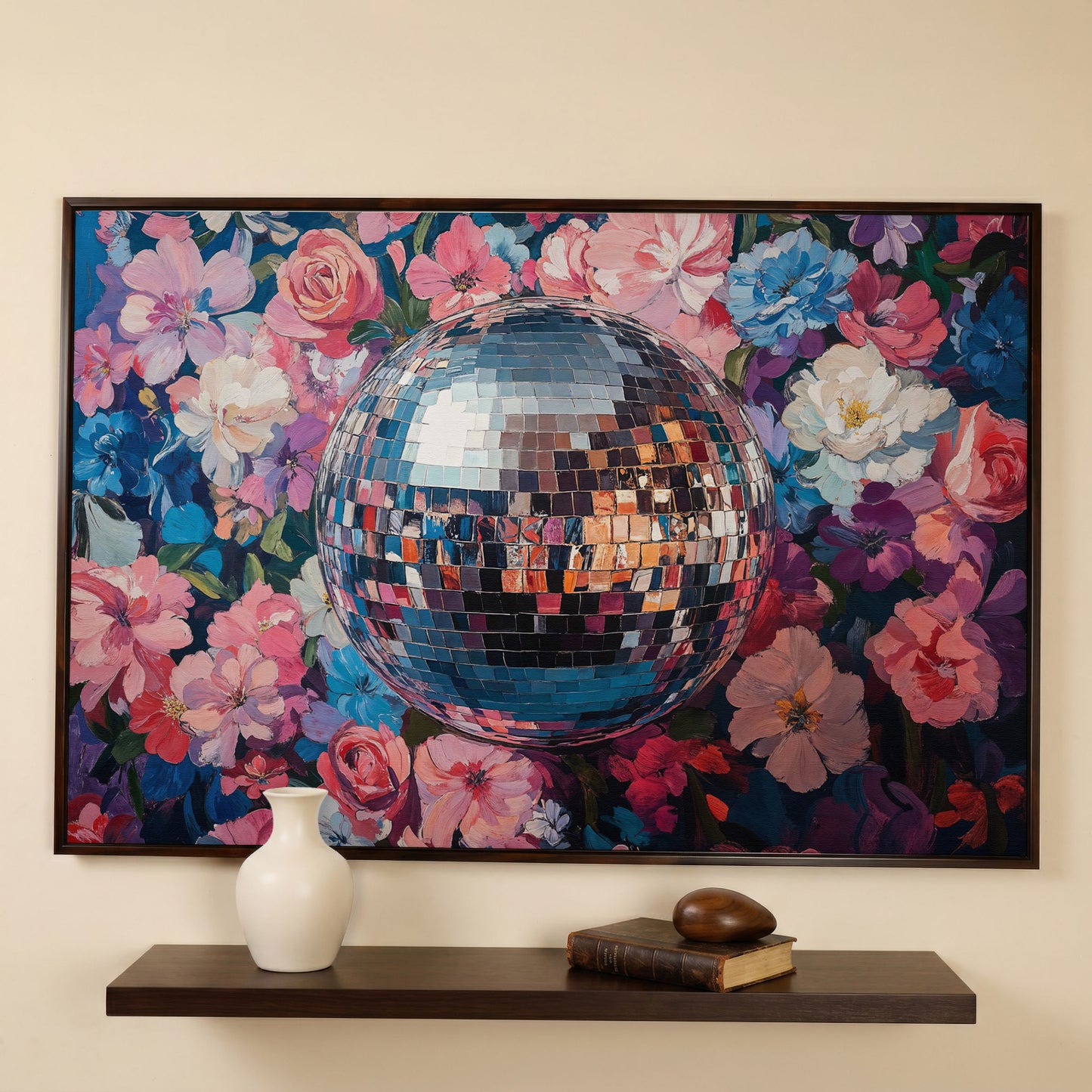 Floral Disco Ball Canvas Print in Pink and Azure in dark walnut floating frame