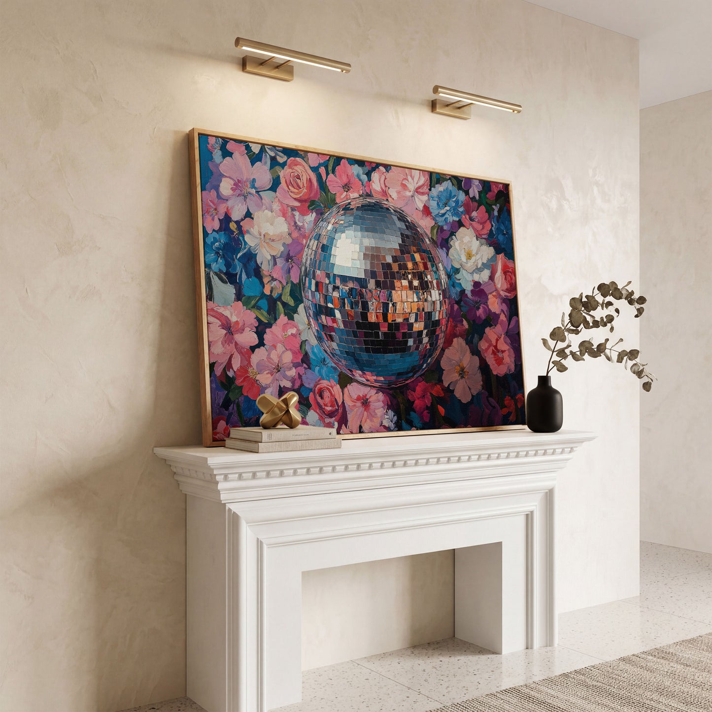 Floral Disco Ball Canvas Print in Pink and Azure in white oak floating frame