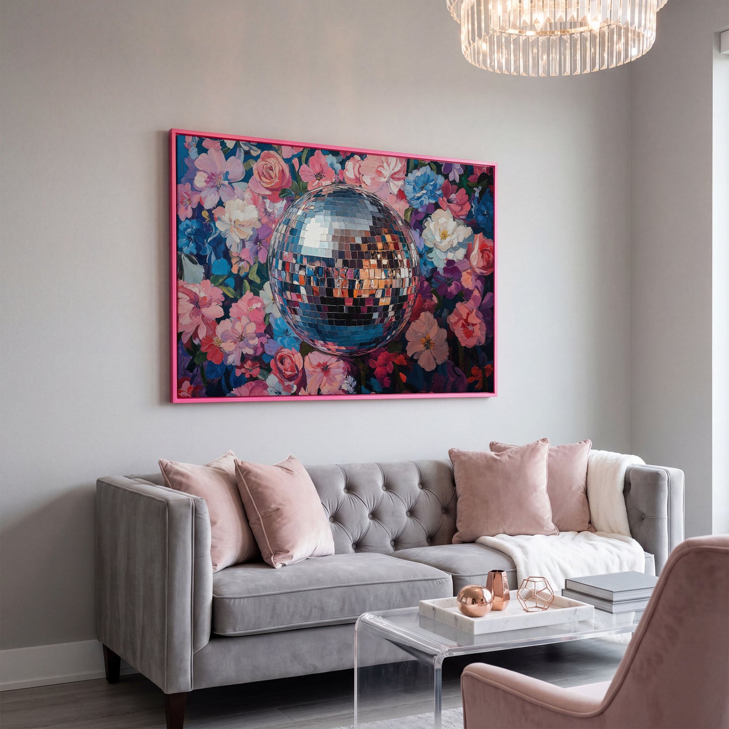 Floral Disco Ball Canvas Print in Pink and Azure in pink floating frame