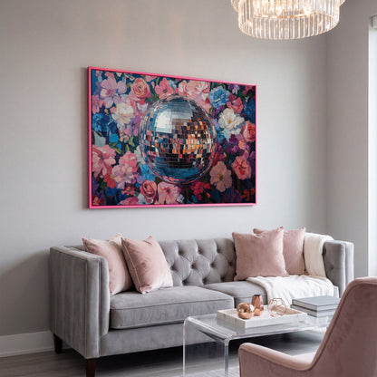 Floral Disco Ball Canvas Print in Pink and Azure in pink floating frame