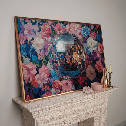 Floral Disco Ball Canvas Print in Pink and Azure in rose gold floating frame