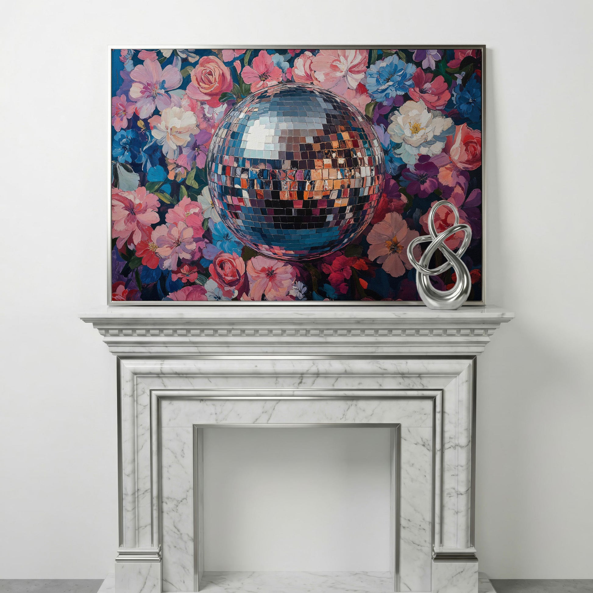Floral Disco Ball Canvas Print in Pink and Azure in silver floating frame