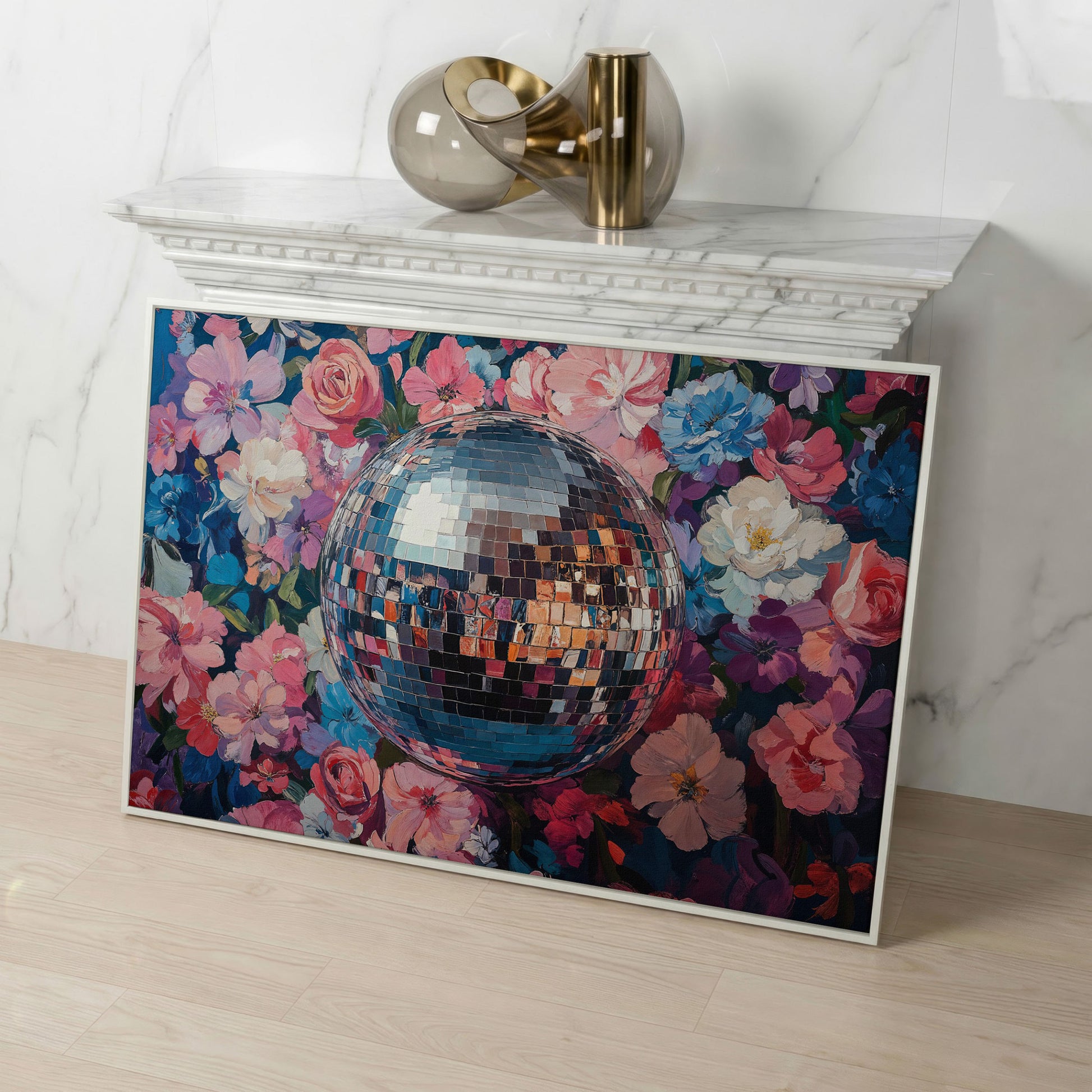 Floral Disco Ball Canvas Print in Pink and Azure in white floating frame