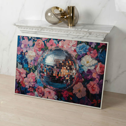 Floral Disco Ball Canvas Print in Pink and Azure in white floating frame