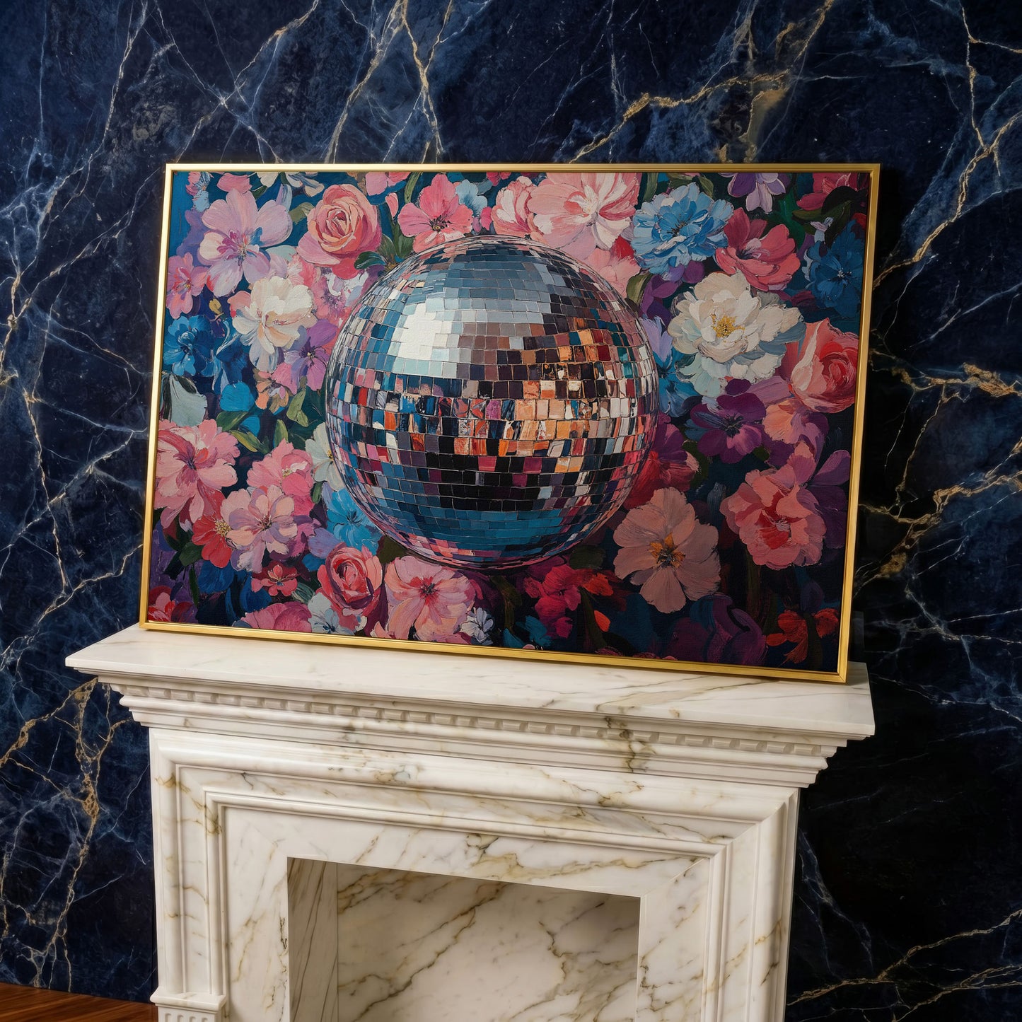 Floral Disco Ball Canvas Print in Pink and Azure in yellow gold floating frame