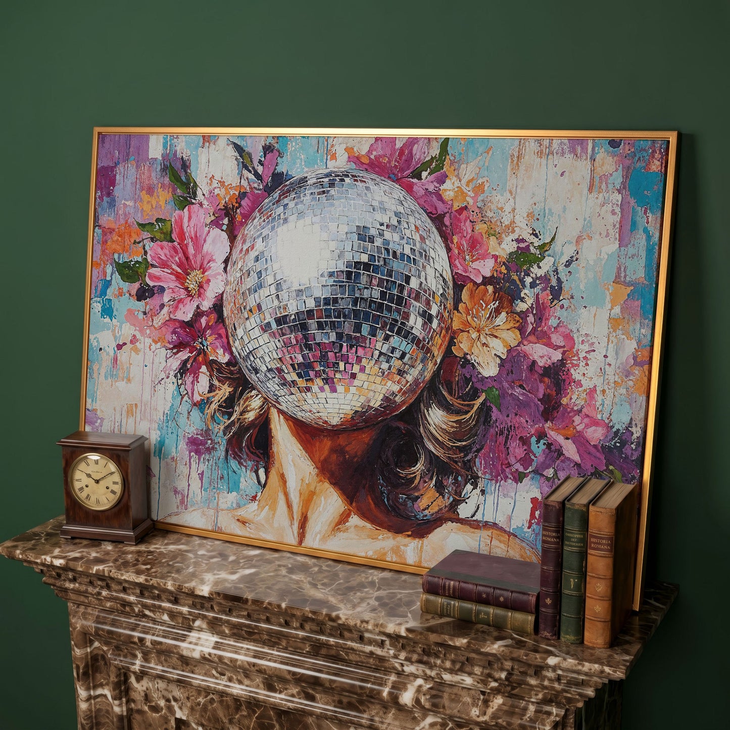 Disco Ball Portrait with Floral Halo Canvas Art in antique gold floating frame