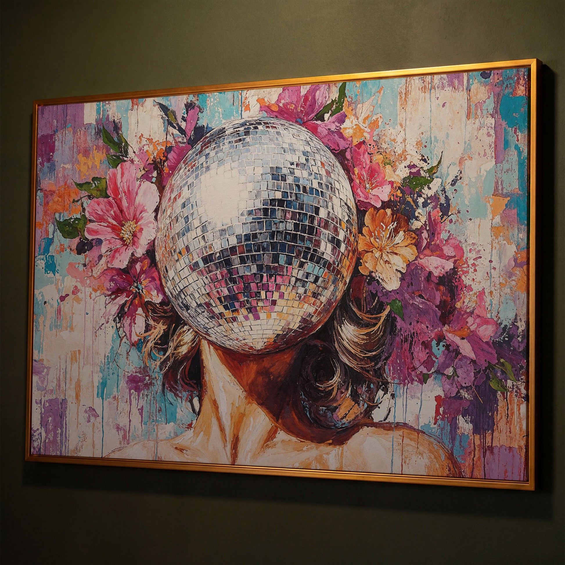 Disco Ball Portrait with Floral Halo Canvas Art shown in antique gold floating frame