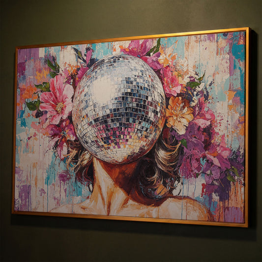 Disco Ball Portrait with Floral Halo Canvas Art shown in antique gold floating frame