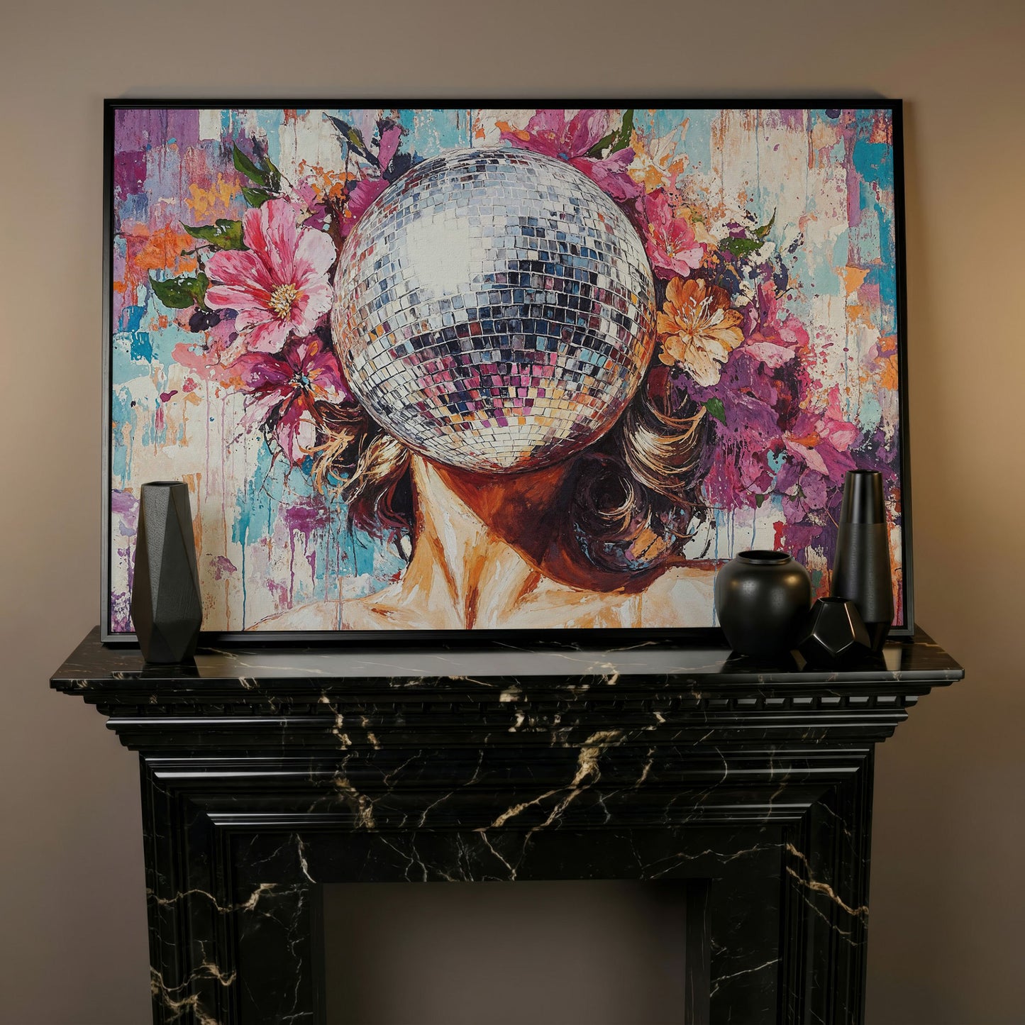 Disco Ball Portrait with Floral Halo Canvas Art in black floating frame