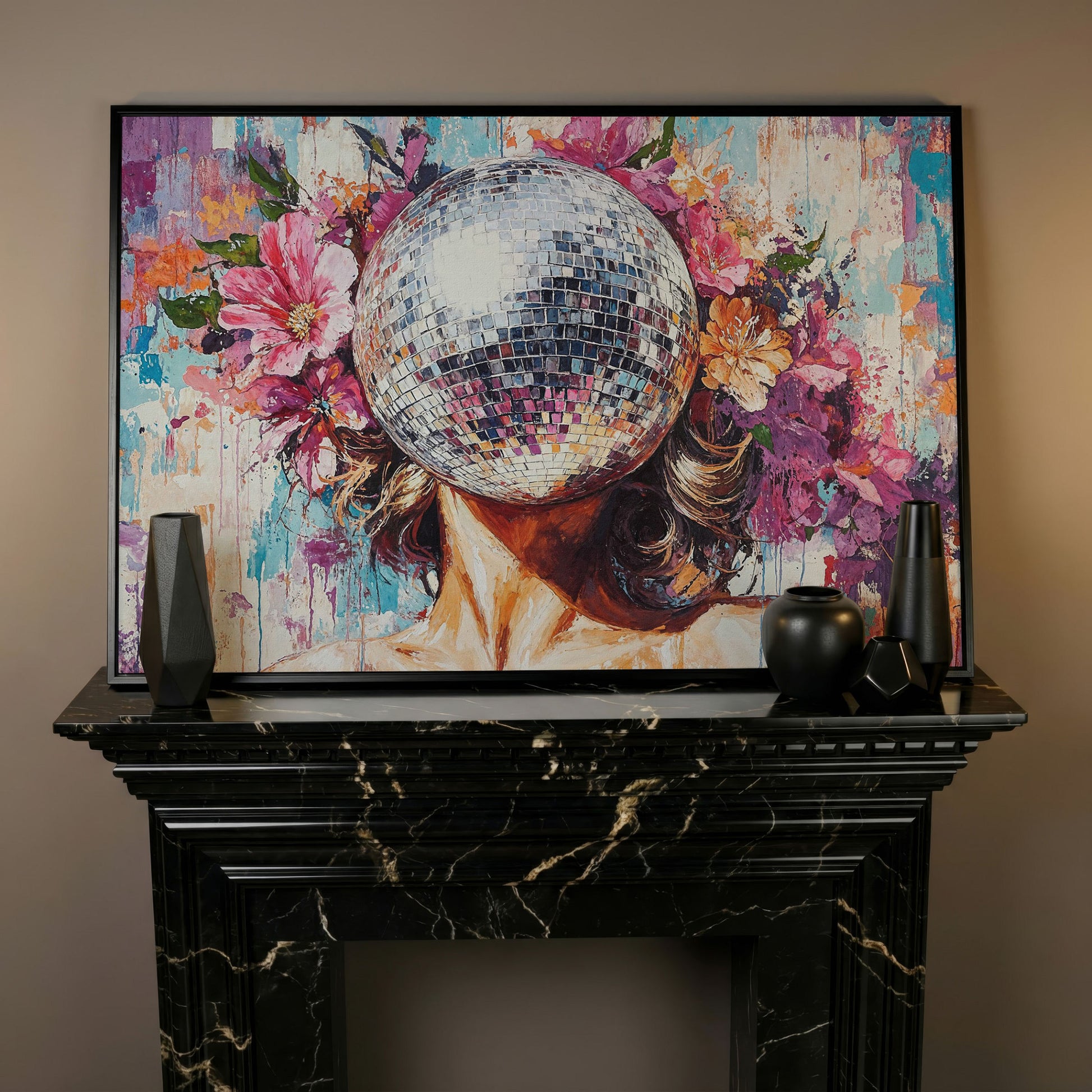 Disco Ball Portrait with Floral Halo Canvas Art in black floating frame