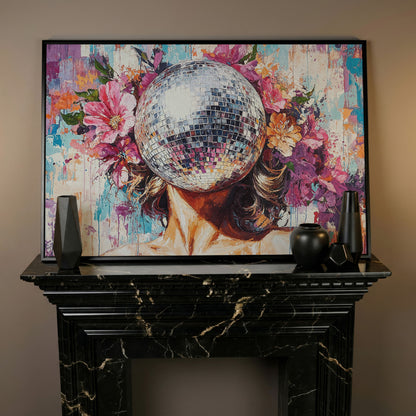 Disco Ball Portrait with Floral Halo Canvas Art in black floating frame