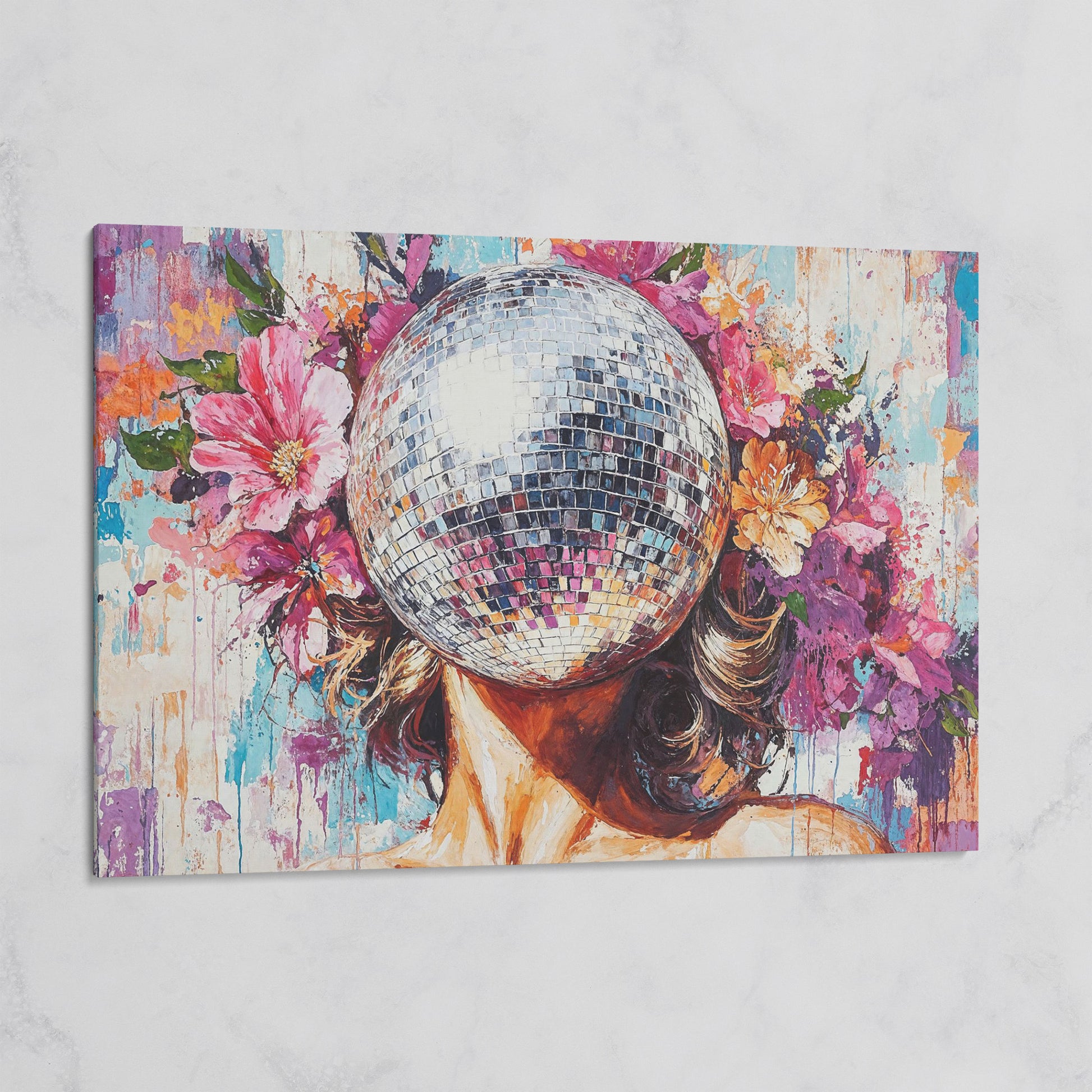 Disco Ball Portrait with Floral Halo Canvas Art on gallery wrap